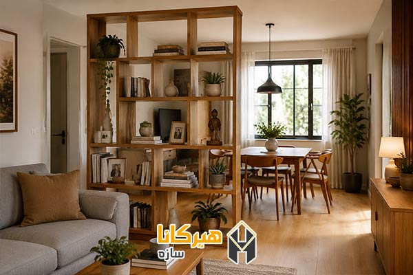 استفاده از پارتیشن چوبی به عنوان کتابخانه یا شلف دکوراتیو