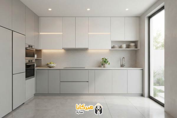 1. آشپزخانه سفید و طوسی مینیمال