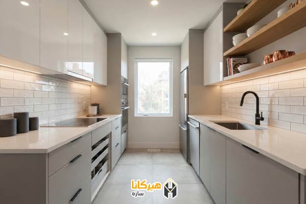 13. آشپزخانه سفید و طوسی با کاشی مترو