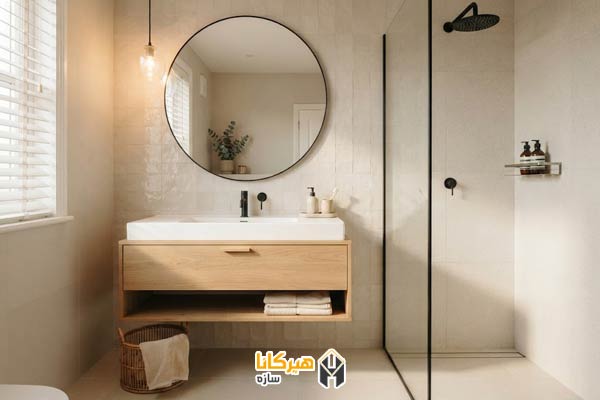 ۱. آینه گرد مدرن برای سرویس بهداشتی مینیمال